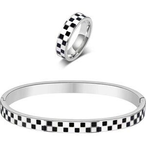 Checkered Stainless Steel Jewelry Set Bracelets Rings Hypoallergenic Gift for Wo